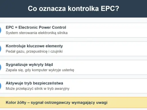 Kontrolka EPC oznacza Electronic Power Control. Sygnalizuje błąd w systemie sterowania silnika, który może wymagać uwagi.
