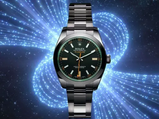 Orologio Rolex Milgauss, un esempio di orologi antimagnetici, con quadrante verde e sfondo blu elettrico.