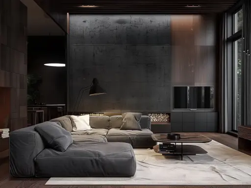 Salon moderne avec canapé gris, table basse design et éclairage tamisé. Une ambiance feutrée synonyme de détente.