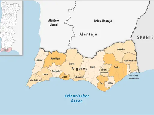 Karte von Portugal mit hervorgehobener Region Algarve. Faro liegt an der Südküste, östlich von Loulé und westlich von Olhão.