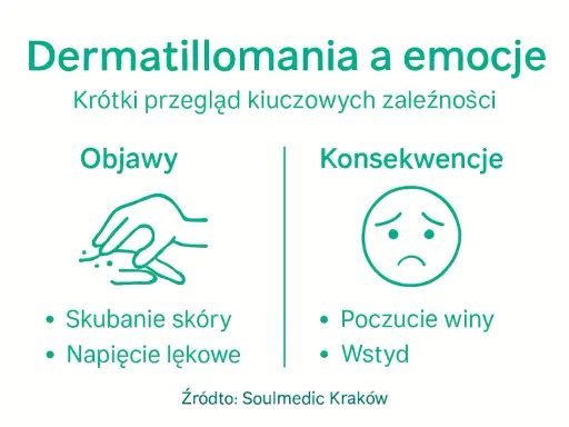 Dermatillomania: objawy (skubanie skóry, napięcie lękowe) i konsekwencje (poczucie winy, wstyd).
