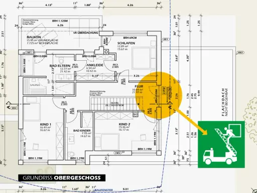 Grundriss Obergeschoss: 2. Rettungsweg Einfamilienhaus NRW mit Feuerleiter-Symbol.