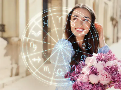 Uśmiechnięta Panna z bukietem kwiatów, otoczona magicznym kołem zodiaku. Sprawdź swój horoskop tygodniowy Panna!