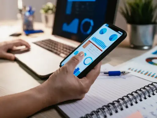 Una gestora de fondos revisa gráficos financieros en su móvil y portátil, analizando datos para tomar decisiones estratégicas.