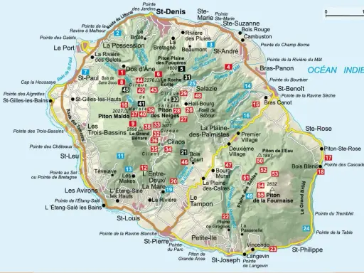Mapa Reunion: podróż po wyspie, od wybrzeża po wulkany. Odkryj punkty widokowe, plaże i szlaki.