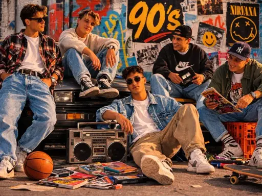 Chłopcy w luźnych jeansach i flanelowych koszulach, uosabiający modę męską lat 90. z boomboxem i kasetami.