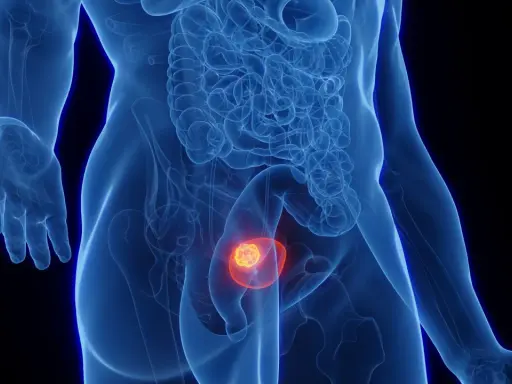 Widok anatomiczny ukazujący polip w pęcherzu moczowym, zaznaczony kolorem pomarańczowym i czerwonym.
