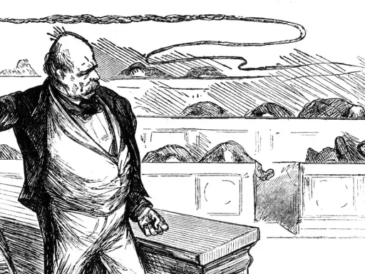 Bismarck, mit einer Peitsche drohend, dominiert die Szene. Seine innenpolitik ist unerbittlich, wie die gebeugten Figuren im Hintergrund zeigen.