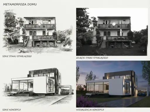Metamorfoza domu: szkic starej kostki, zdjęcie starej kostki, szkic nowej koncepcji i wizualizacja nowoczesnego domu po metamorfozie.