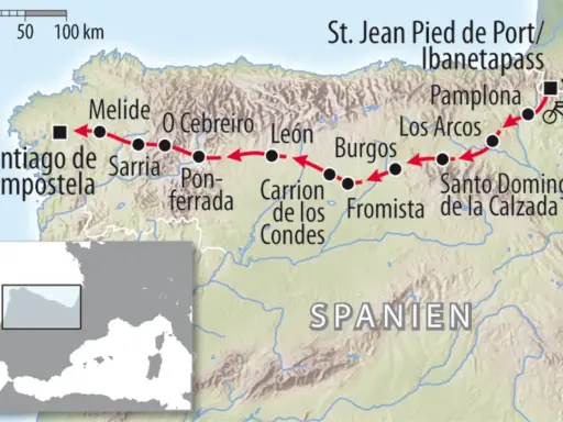 Karte des Jakobswegs mit Fahrradsymbolen. Die Route führt von St. Jean Pied de Port über Pamplona, Burgos, León nach Santiago de Compostela.