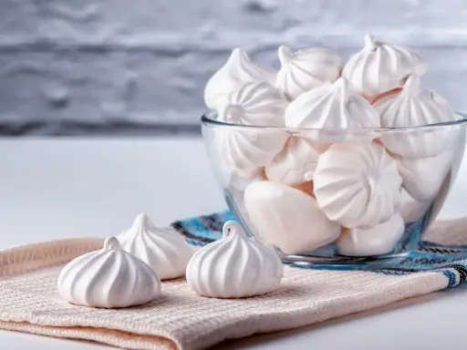 Douceur aérienne : des meringues délicates, comme préparées au bain-marie, dans un bol en verre et sur un tissu texturé.