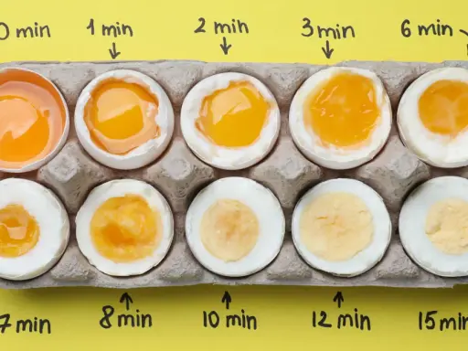 Zeigt, wie sich die Konsistenz von Eiern beim Kochen über verschiedene Zeitintervalle verändert. Von flüssigem Eigelb bis festem Ei.
