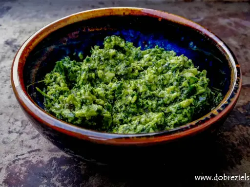 Domowe pesto z bazylii i czosnku, z dodatkiem orzechów, w ceramicznej misce. Idealne do makaronu. Jakie orzechy do pesto?