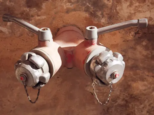 Dwa zawory hydrantu pożarowego, jeden z nich z widocznym czerwonym bolcem. Różne rodzaje hydrantów mogą mieć odmienne konstrukcje.