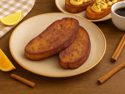 Dos torrijas doradas en un plato, acompañadas de gajos de naranja y limón, canela y café. ¡La mejor receta de torrijas!
