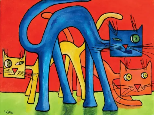 Gatti stilizzati in blu, giallo e arancione su sfondo rosso e verde. I colori complementari creano un effetto vibrante e giocoso.