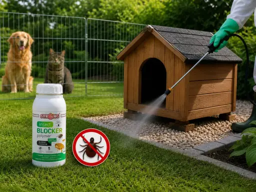 Skuteczne domowe sposoby na kleszcze u psa: oprysk budy i trawnika preparatem Insect Blocker. Pies i kot obserwują z bezpiecznej odległości.