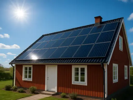 Rött hus med solpaneler på taket, som har en 45 graders lutning. Solen skiner från en klarblå himmel.