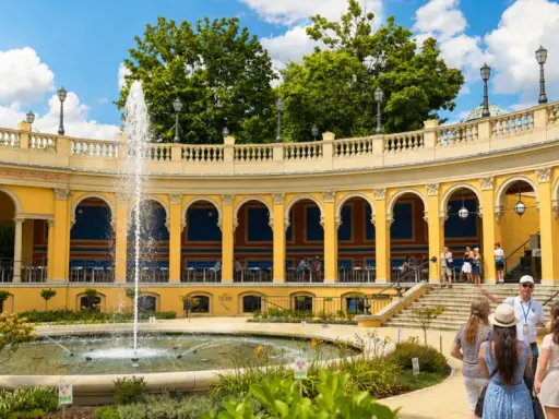 Wrocławskie nietypowe atrakcje: zwiedzanie z przewodnikiem pięknej, żółtej budowli z arkadami i fontanną.
