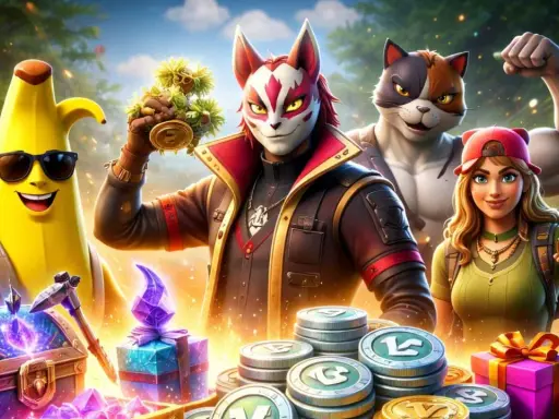 Postacie z Fortnite, banan w okularach, lis w masce i kot, trzymają monety i prezenty. Szukasz kodów do Fortnite na V-dolce?