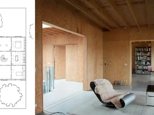 Plano de casa con paredes de madera y un sillón acogedor, ideal para un flex living.