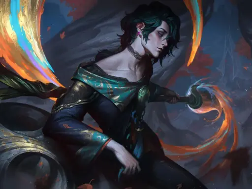 Hwei z League of Legends, artysta tworzący magią kolorów, otoczony jesiennymi liśćmi i płomieniami.