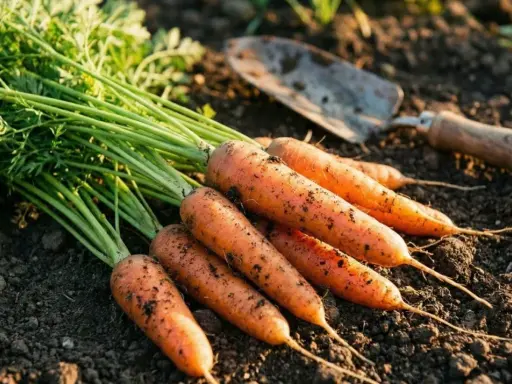 Carottes fraîchement récoltées sur la terre, prêtes pour la prochaine saison. Savoir quand semer les carottes est essentiel pour de beaux légumes.