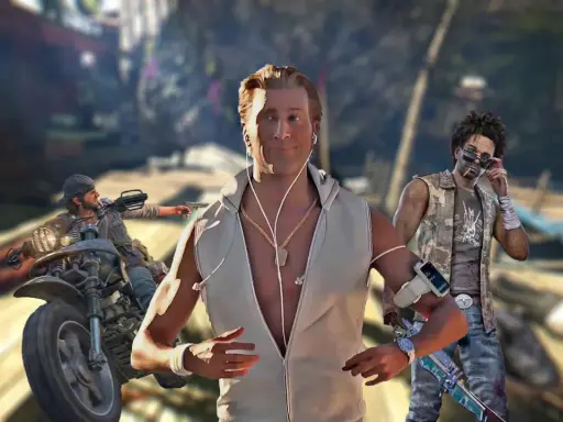Trzech mężczyzn w postapokaliptycznym świecie, jeden na motocyklu, przypominają klimatem gry podobne do Days Gone.