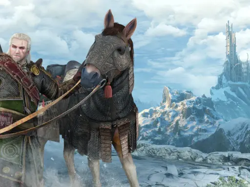Geralt w zbroi, która wygląda jak najlepszy rynsztunek z Wiedźmina 3, na tle zimowego krajobrazu z zamkiem na górze.