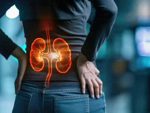 Urosepsa u starszej osoby rokowania. Grafika przedstawia podświetlone nerki i drogi moczowe, symbolizujące infekcję.