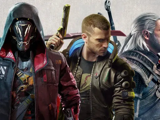 Trzech bohaterów z gier CD Projekt RED: V z Cyberpunk 2077, Geralt z Wiedźmina i postać z nadchodzącej gry. Duma polskich gier.