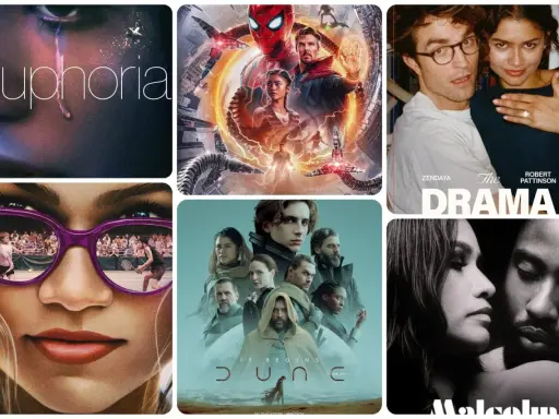 En kollage av filmer och tv-program med Zendaya: Euphoria, Spider-Man: No Way Home, The Drama, Dune och Malcolm & Marie.