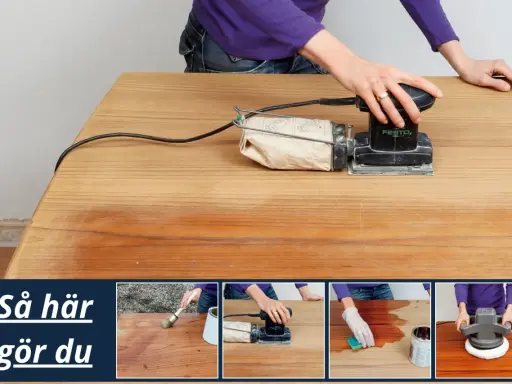 Person slipar teakbord med en Festool-slipmaskin. Bilden visar steg för att renovera träytor.