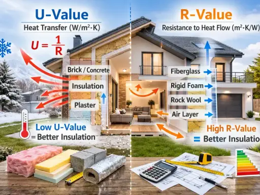 Ilustración comparativa de U-Value y R-Value en aislamiento de casas. Muestra cómo la lana de vidrio y otros materiales evitan la transferencia de calor, destacando la importancia de un buen aislamiento para el confort y la eficiencia energética, como ...