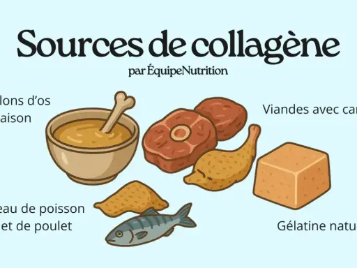 Sources de collagène : bouillons d'os, viandes avec cartilage, peau de poisson/poulet, gélatine naturelle. Découvrez les bienfaits du collagène !