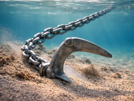 Un type d'ancre en métal s'enfonce dans le sable sous l'eau, une chaîne épaisse s'étendant vers la surface.
