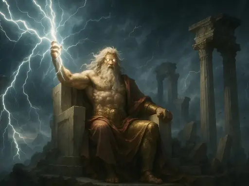 Zeus, der König der Götter, thront mit Blitz in der Hand. Seine Macht und die Bedeutung von Zeus spiegeln sich in der stürmischen, dramatischen Szenerie wider.