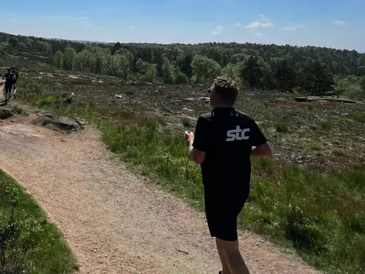 Grupp löpare njuter av trail running i en kuperad, skogig terräng under en solig dag.