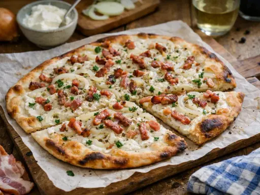 Une délicieuse flammekueche, garnie d'oignons et de lardons, prête à être dégustée. Parfait pour une recette facile et savoureuse.