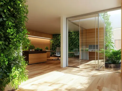 Oficina moderna con abundante vegetación interior. Una gran planta verde domina el primer plano. Al fondo, una **ventana sin marco detalle** permite ver un patio interior con más plantas.