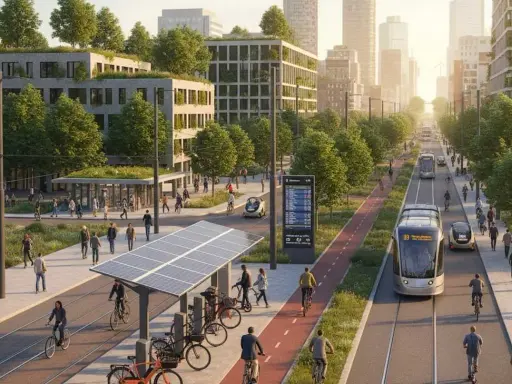 Ejemplos de movilidad sostenible: tranvía, bicicletas, coches eléctricos y edificios verdes en una ciudad futurista.