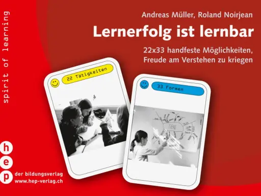 Zwei Karten zeigen eine positive lernatmosphäre: Kinder lernen gemeinsam und eine Schülerin erklärt eine Mindmap.