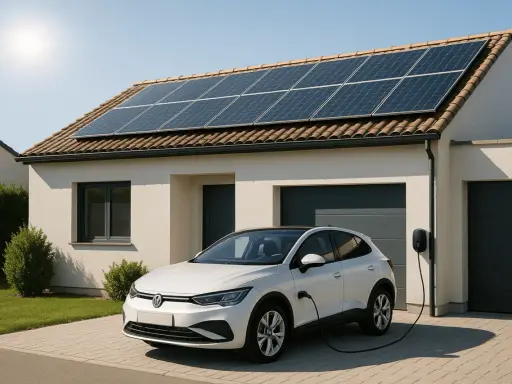 Coche eléctrico blanco cargando en casa con placas solares en el tejado.