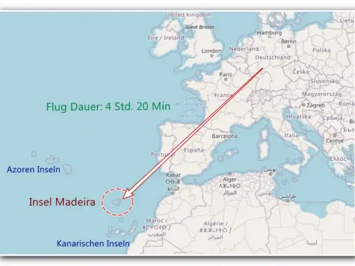 Flugroute von Mitteleuropa zur Insel Madeira, die zu Portugal gehört. Flugdauer 4 Std. 20 Min.