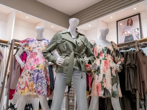 Manekiny w sukienkach w kwiaty i zielonej kurtce. To styl marki Scotch & Soda, znanej z kolorowych, letnich ubrań.