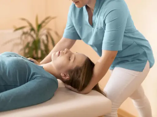 Fizjoterapeuta delikatnie masuje mięsień obojczykowo sutkowy pacjentki, przynosząc ulgę.