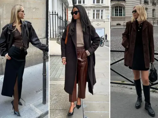 Tre donne sfoggiano outfit eleganti. Il marrone e fucsia stanno bene insieme, come dimostrano i dettagli in pelle e i collant.