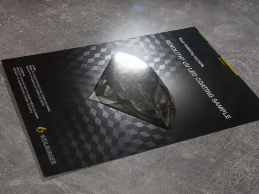 Próbka lakieru drip off na okładce z efektem 3D. SENOLITH® UV LED COATING SAMPLE.