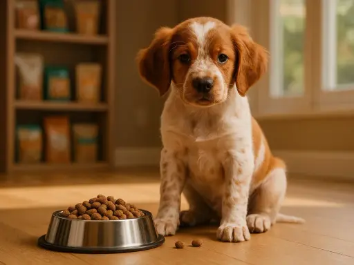 Adorable chiot Epagneul Breton, prêt à déguster sa gamelle. Une alimentation saine pour un chien plein de vie.