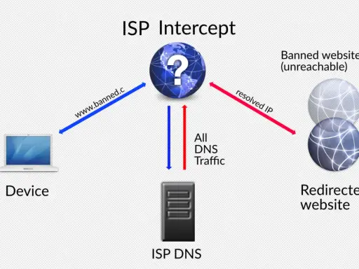 Ein Gerät versucht, eine gesperrte Website zu erreichen. Der ISP-DNS fängt den DNS-Verkehr ab und leitet ihn um, was zu DNS Hijacking führt.